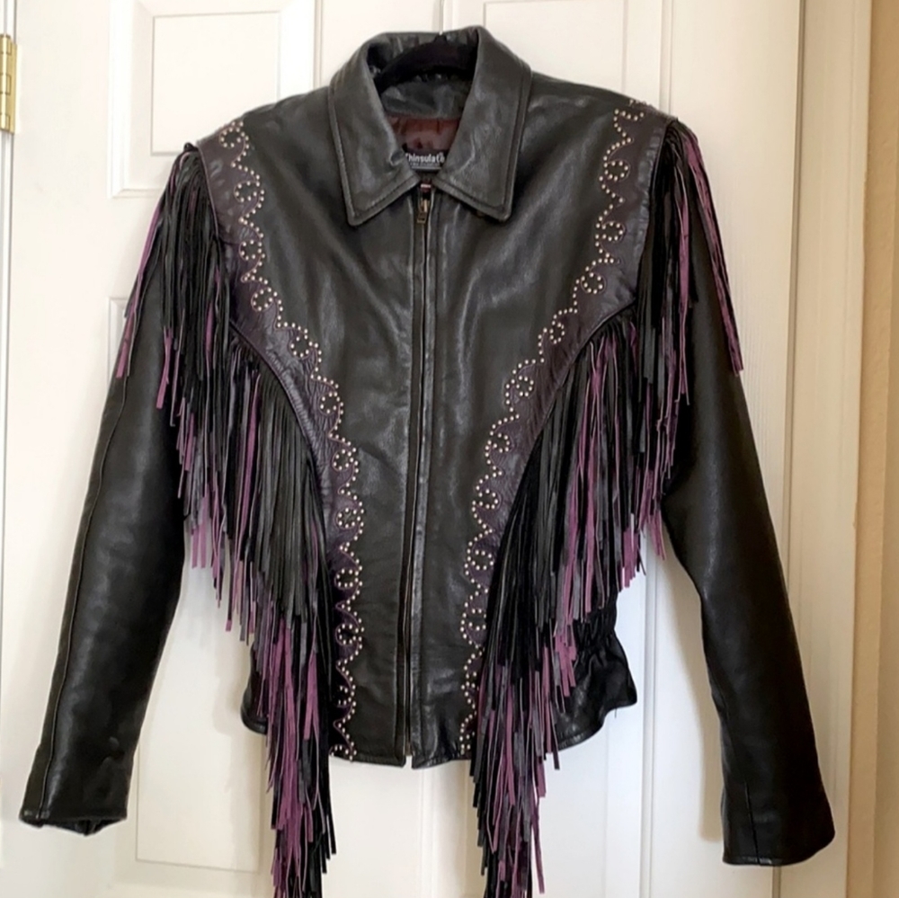 Black Leather Fringe Jacket XXL
